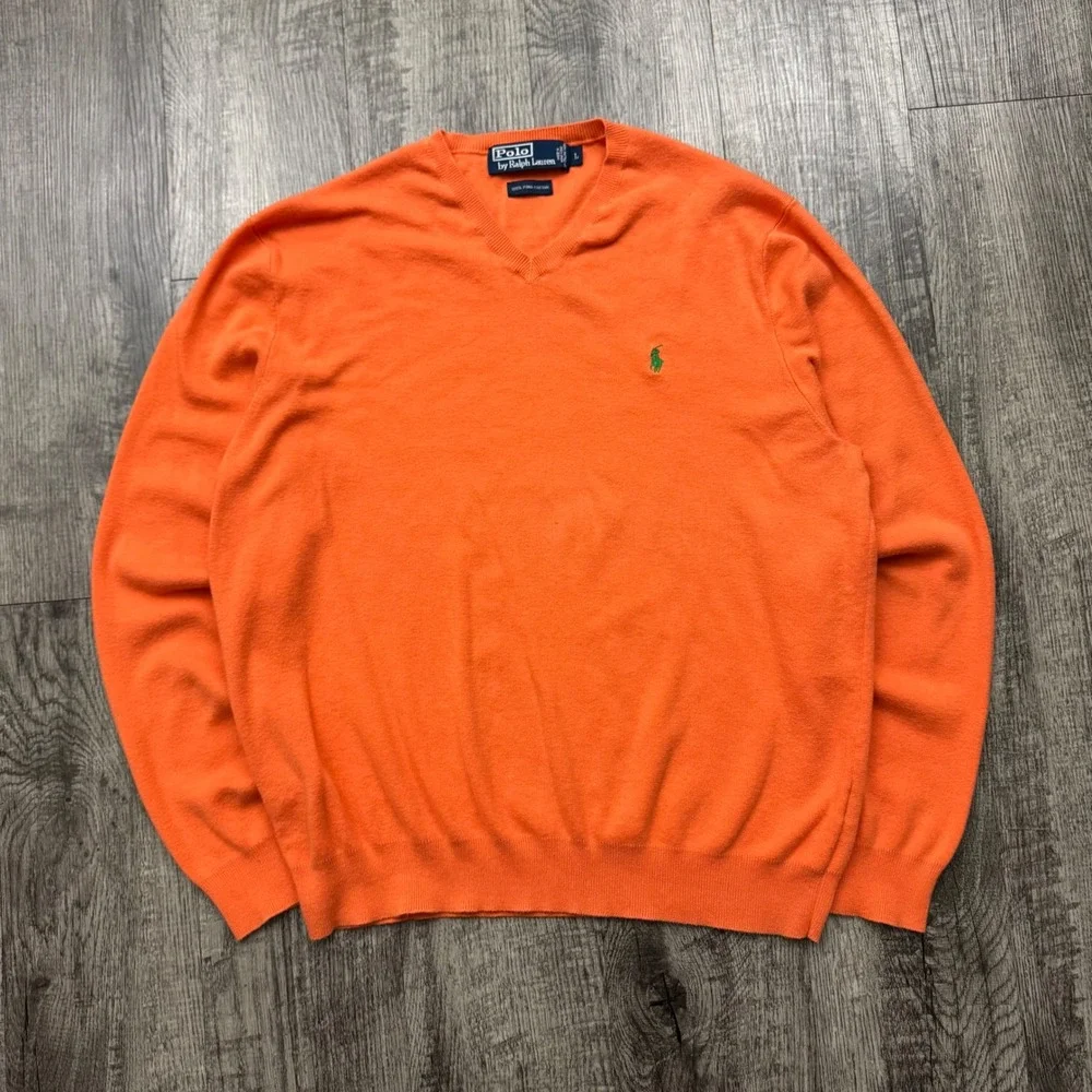 Vintage Polo Ralph Lauren V-Neck Sweater Orange Preppy Pima Cotton L